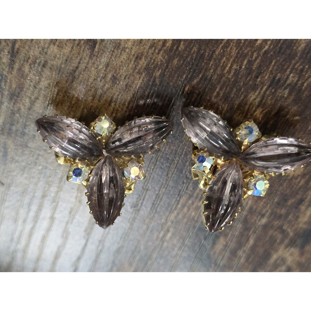 Vintage 1950s MCM Smokey Amethyst Glass & AB Rhinestone Clip-On Earrings